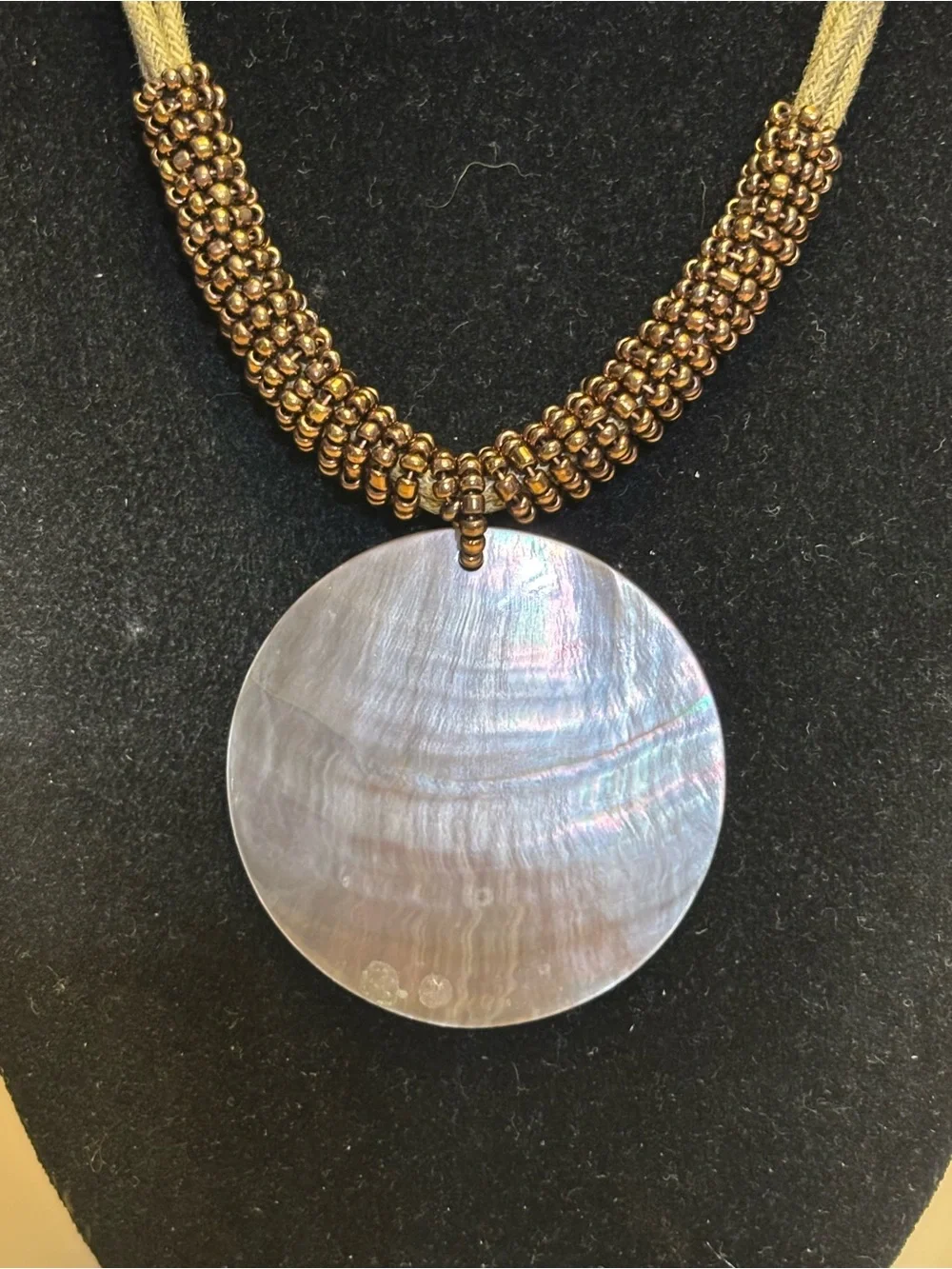 Lia Sophia Bronze Beaded Necklace with Iridescent Shell Pendant 16”+3”